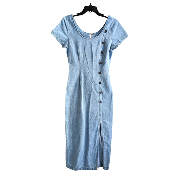 Vintage 80's/90's Denim Cotton Button Detail Midi Dress Size 5 - Picture 1 of 5